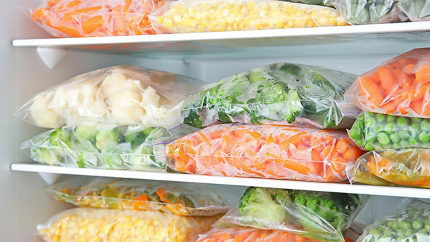 frozen vegetables in freezer